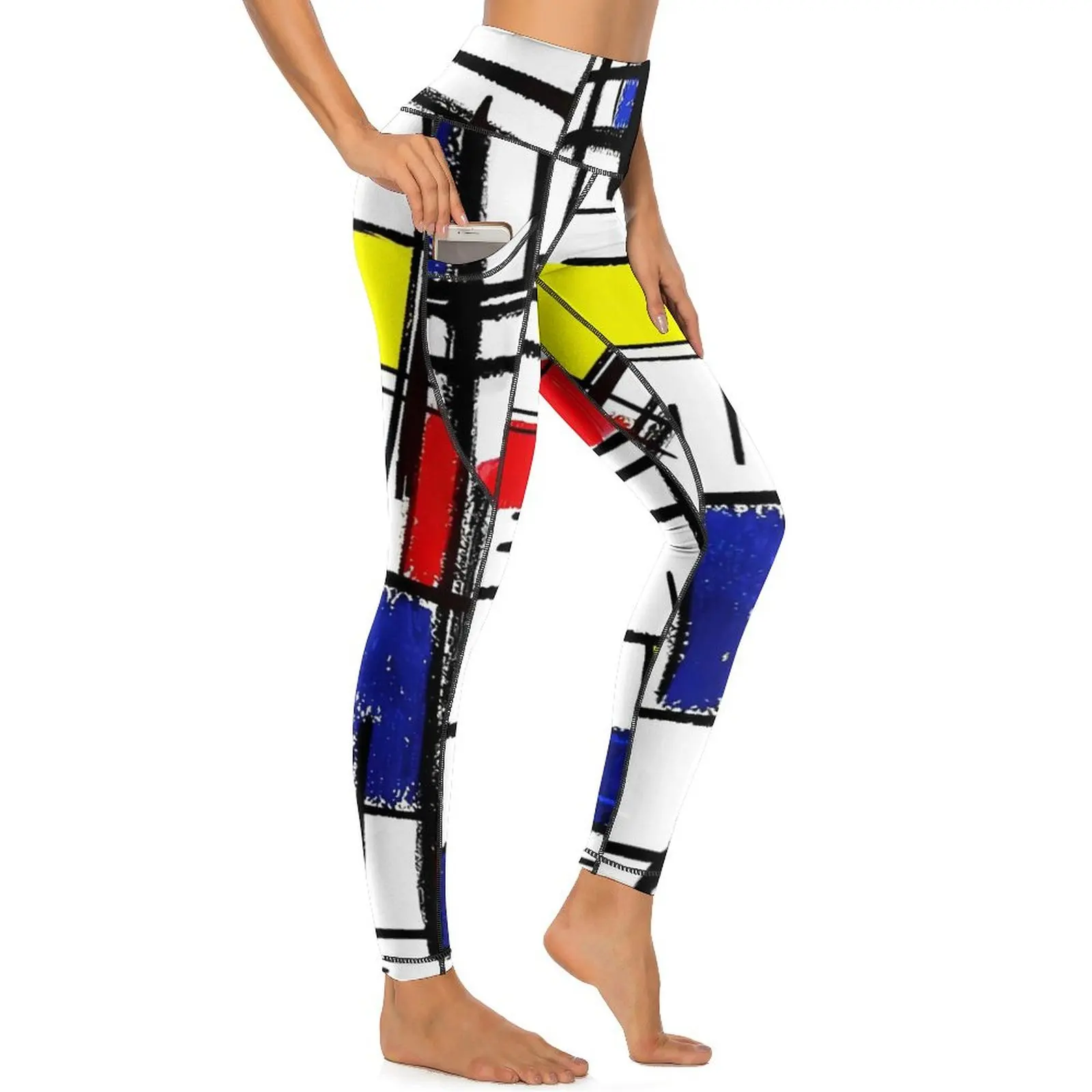 Mondrian Yoga Pants Pockets De Stijl Modern Art Leggings Sexy High Waist Retro Yoga Sports Tights Stretch Design Workout Leggins