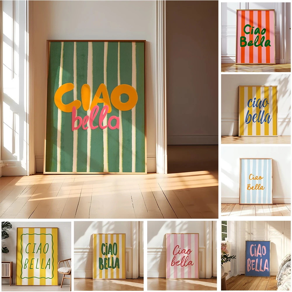 Estampado artístico de rayas, estética Preppy, pared de cocina, decoración de dopamina, decoración moderna, póster de Ciao Bella, verde salvia
