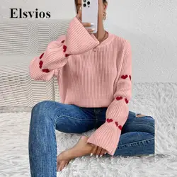 Autumn Winter Casual O Neck Knitted Jumper Female Elegant Knit Heart Loose Tops Pullover Fashion Women Flare Long Sleeve Sweater