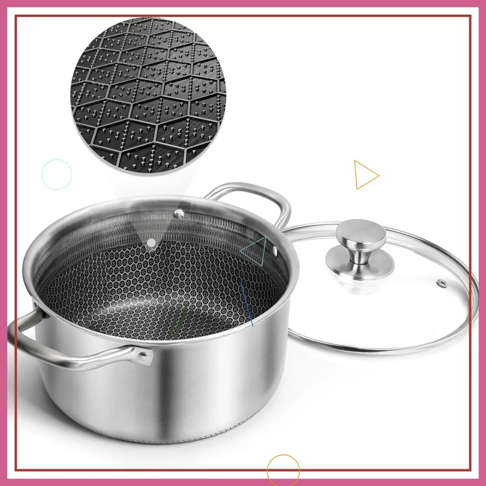 

Гибридная антипригарная кастрюля из нержавеющей стали на 6 кварт с стеклянной крышкой, совместимая с индукционными плитами, с сотовой структурой, подходит для мытья в посудомоечной машине и использования в духовке.