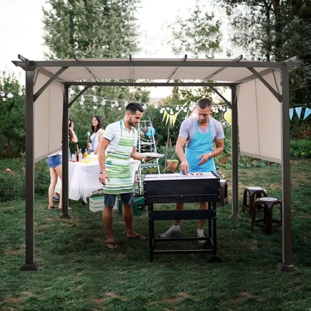 10x10FT Outdoor Pergola with Retractable Canopy, Beige