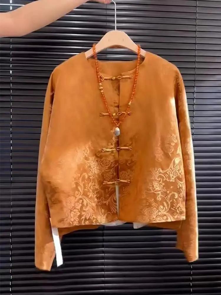 New High-End Satin Orange Floral Embroidery Song Jin Top Chinese Style Street Fashion Women's Hanfu Straight Tube Regular Length