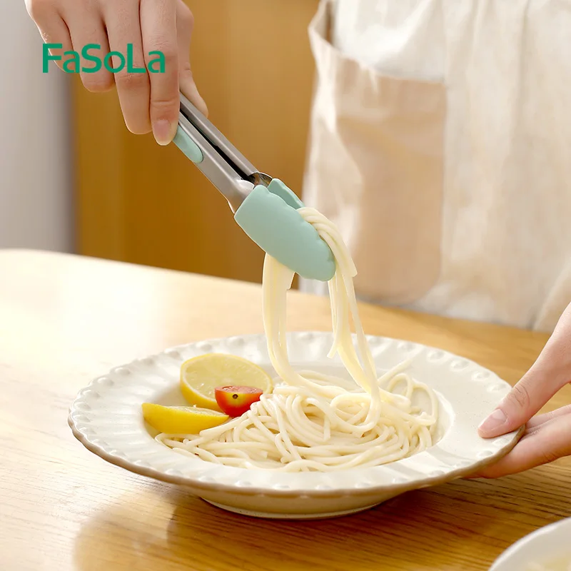 FaSoLa Barbecue Tongs with Oil Brush Food Clip Cooking Kitchen Tongs with Silicone Tips Stainless Steel Tongs Cooking Set