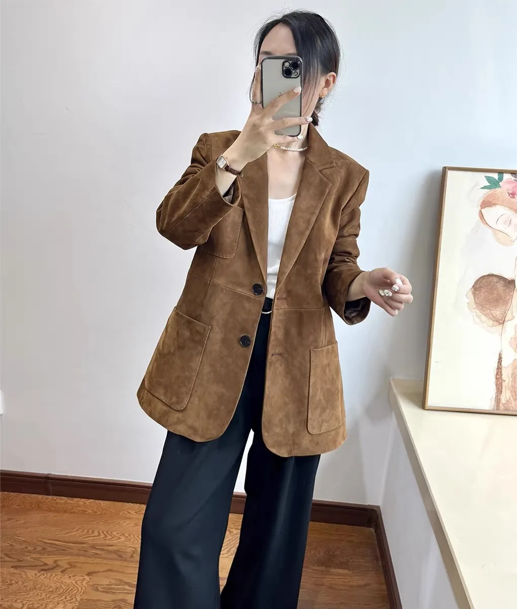 レトロスエードレザースーツコート女性用2025秋冬本革カウスエードジャケットヴィンテージコーヒージャケットアウターポケット付き