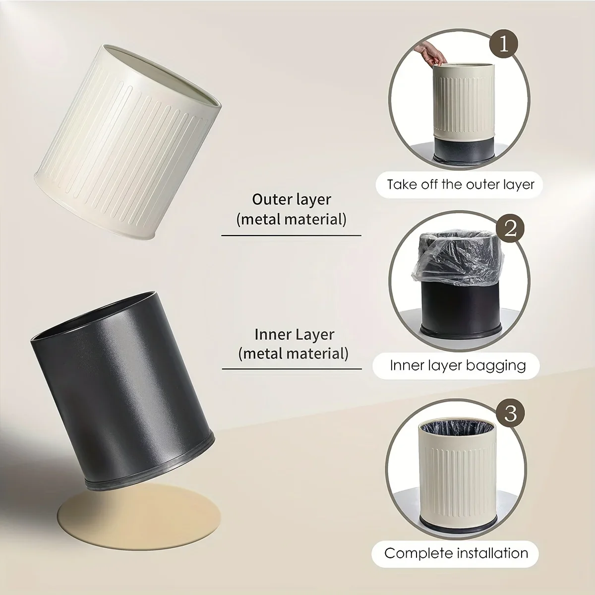 

Stainless Steel Top Round Double-Layer Trash Bin, Non-Slip Durable for Kitchen Bathroom Living Room Office