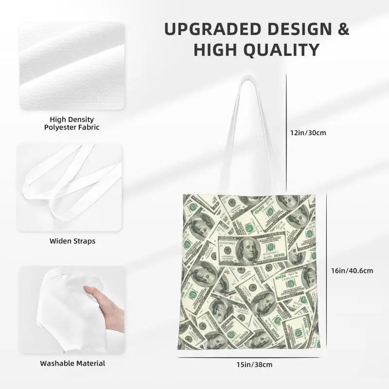 Money Dollars Bitcoin Digital Currency Grocery Shopping Bag Printing Canvas Shopper Tote Shoulder Bag Virtual Printing Handbag