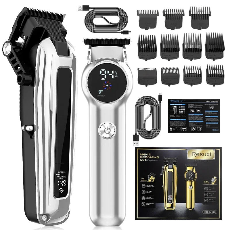 Resuxi 102 Cordless Rechargeable Professional Barber Shop Salon Hair Cutting Machine Clipper Trimmer 2 Pieces Set