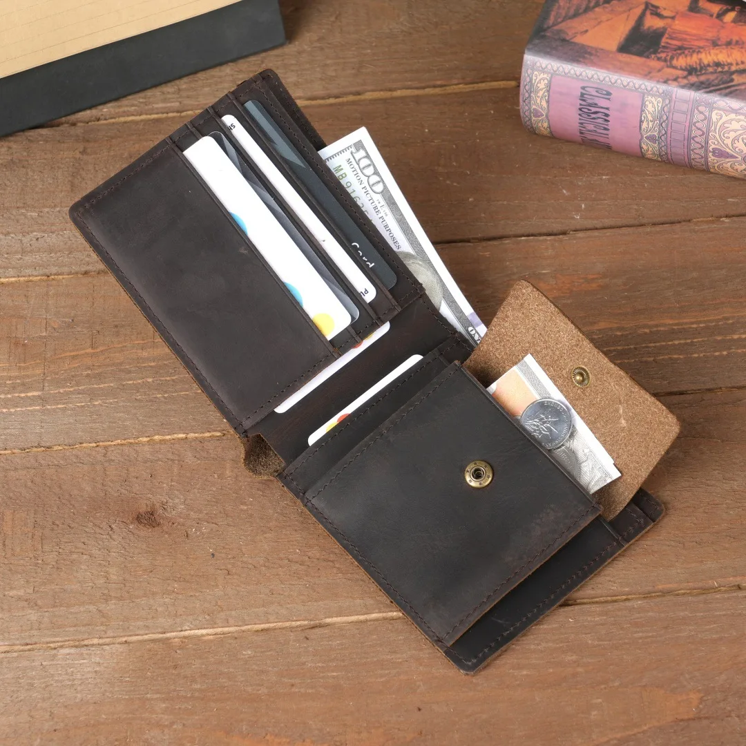 Handcrafted Real Leather Bifold Wallet for Men, Practical Snap Fastener Coin Pocket Wallets with Multiple Card Slots Storage