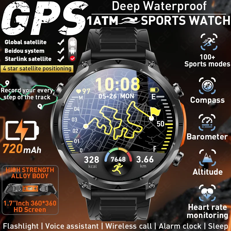 

Умные часы LIGE с GPS, 1.7-дюймовым HD-дисплеем, встроенным компасом, барометрическим альтиметром, фонариком, более 100 спортивными режимами и функцией голосовых вызовов.