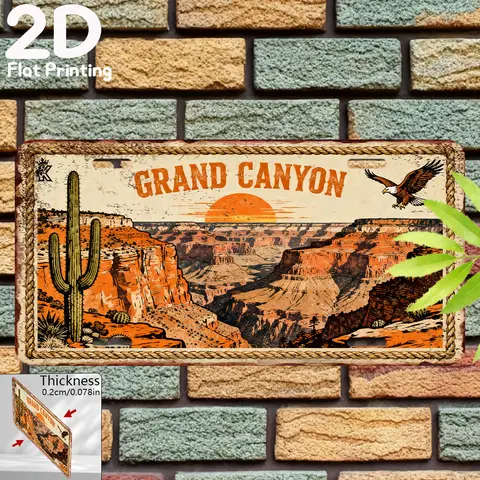 Vintage American "GRAND CANYON" Desert Canyon Sunset Scenery Saguaro Cactus Eagle License Plate 2D Flat Aluminum Tin Sign Wall A