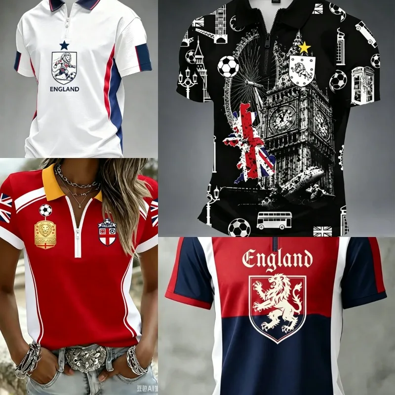 England Football Half Zip Polo Shirt 3D Full George Cross Print T-shirt Men Women Soccer Supporter Uniform Casual Sport Tee