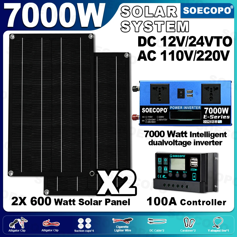 

SOECOPO 7000W Full Solar Kit: 2×600W Panels, LCD Display Inverter, 100A Controller – Portable for Home, Camping Equipment, Car