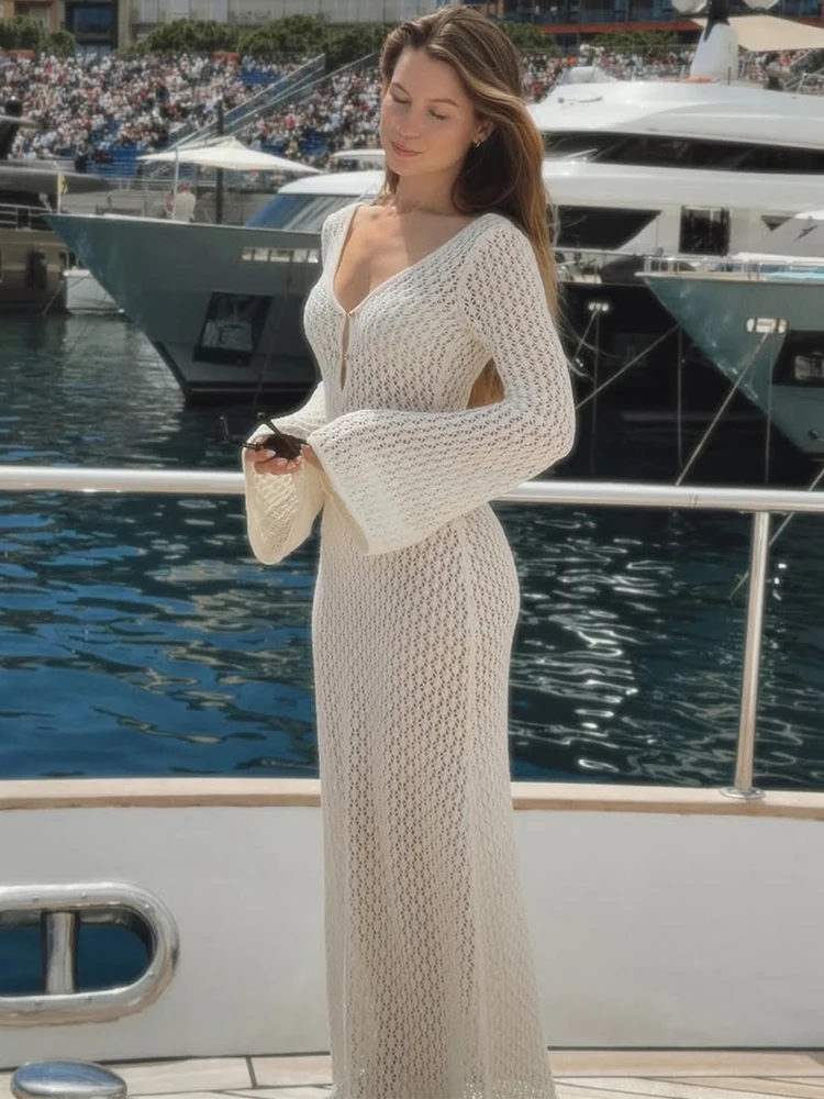 White Knit Fashion Cover up Maxi Dress Female See-Through V-Neck Hollow Out Beach Holiday Dress Knitwear Backless Dress 2026