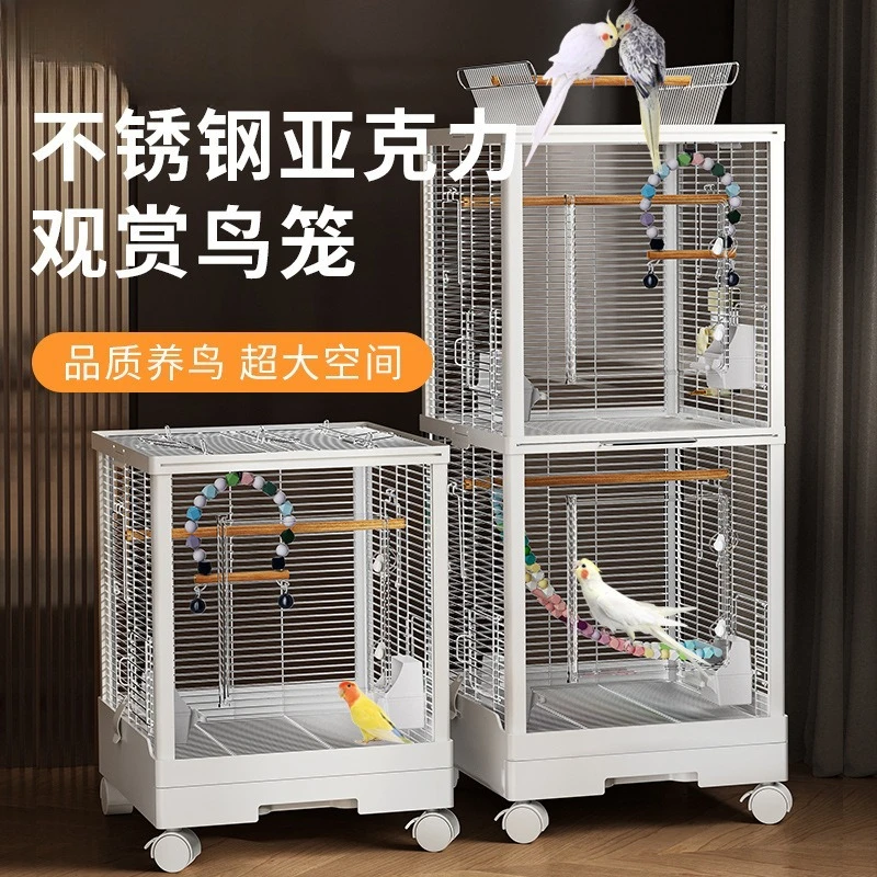 

Horizontal silk stainless steel bird cage, tiger skin, peony, cockatoo cage, acrylic ornamental cage, large superimposed breedin