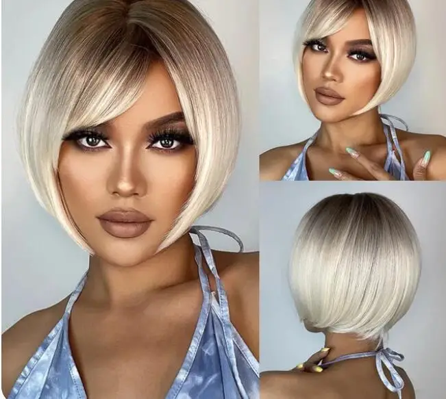 Korte Bob Synthetische Pruik Platinablonde Ombre Rechte Pruiken Met Pony Voor Zwarte Vrouwen Afro Hittebestendig Cosplay Dagelijks Haar