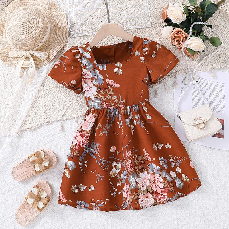 Summer Dress For Little Girls Brick-red Square Collar Print Dress Pastoral Style Daily Holiday Clothes For 4-7 Years Children