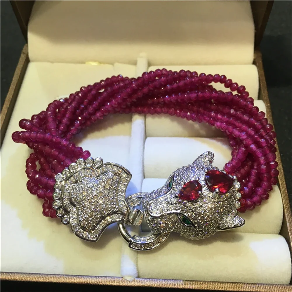 Handmade leopard head micro inlay zircon clasp purple jade multi-rows bracelet gift box packing