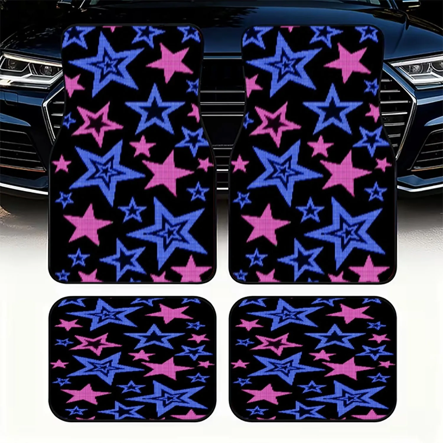 Car Floor Mats, 4pcs Set With Star Pattern (Blue & Pink, Pixelated Stars On Black Background), Made Of, Stylish Interior Accesso
