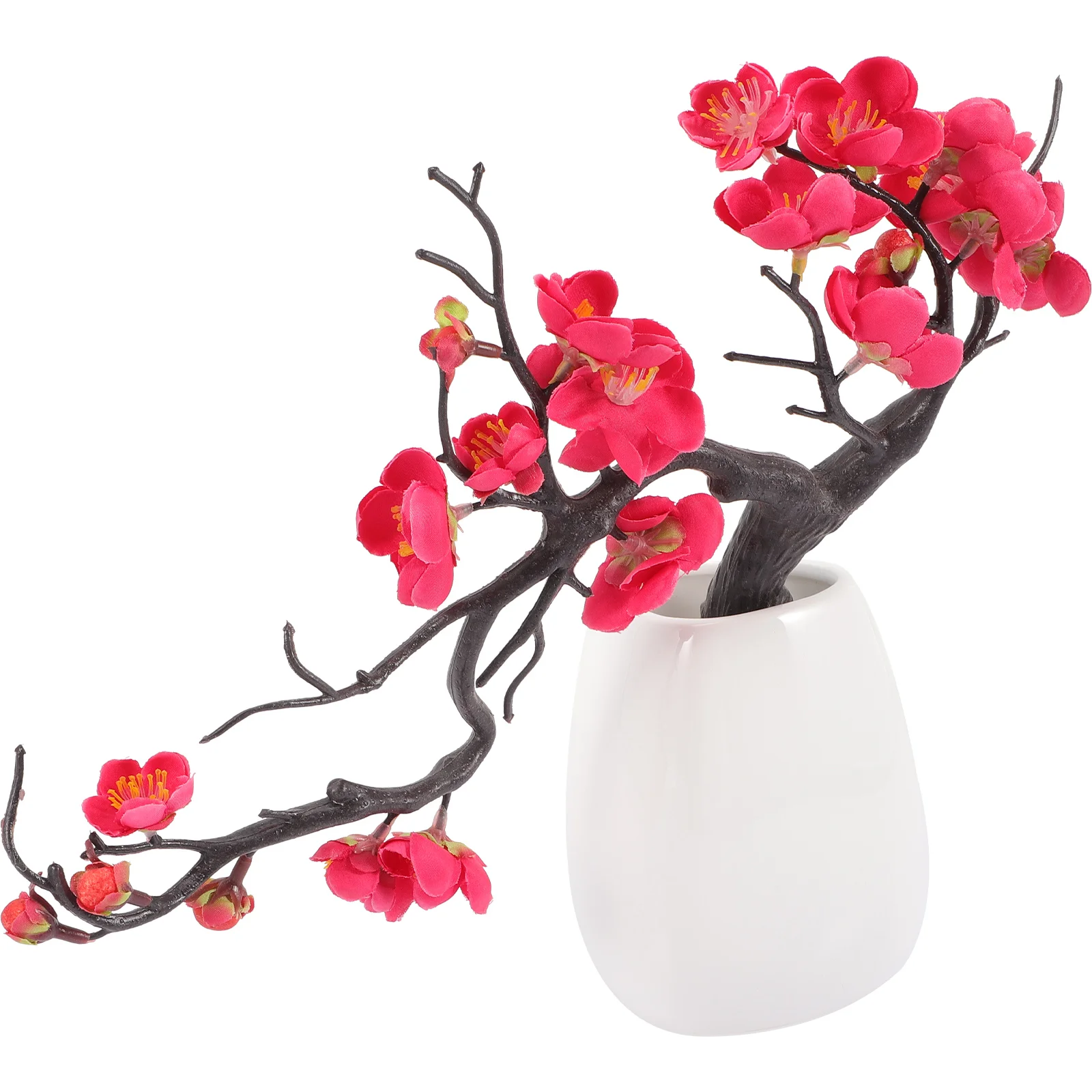 

Artificial Plants Plum Potted Blossom with Ceramic Vase 33x30cm Bonsai Decor Red Simulation Fake Office Mother