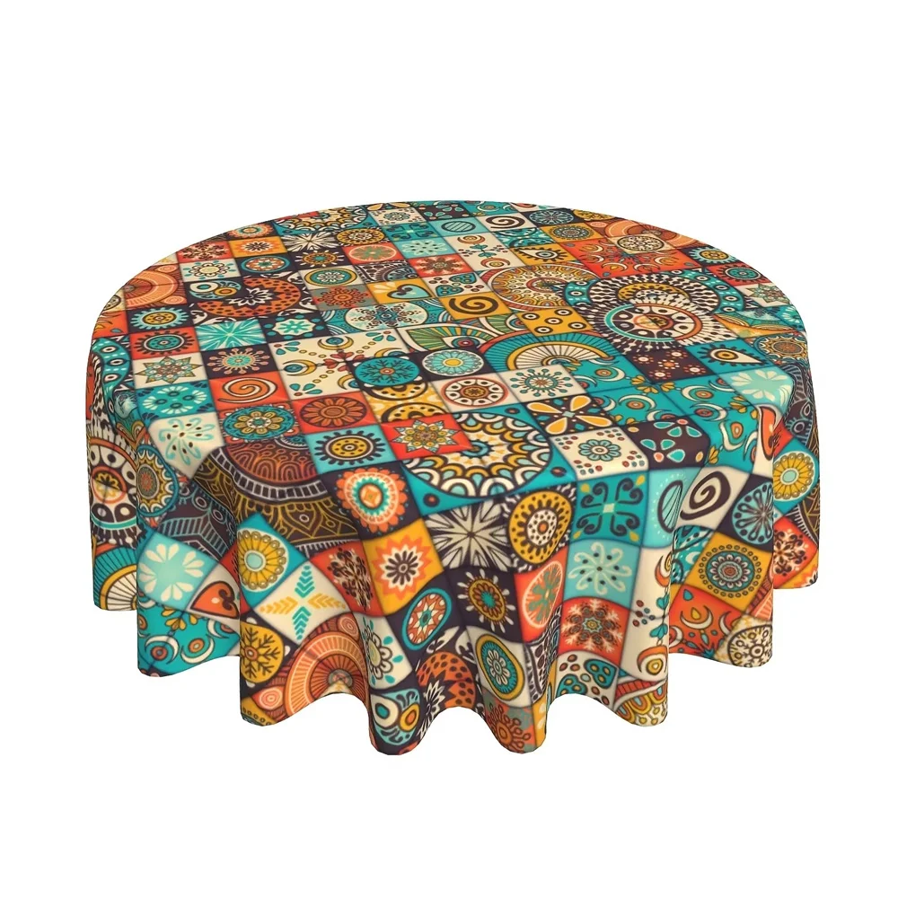 1pc Bohemian Round Tablecloth, Geometric Pattern Ornamental Floral Waterproof Colorful Circular Patio Table Dining Cover Cloths