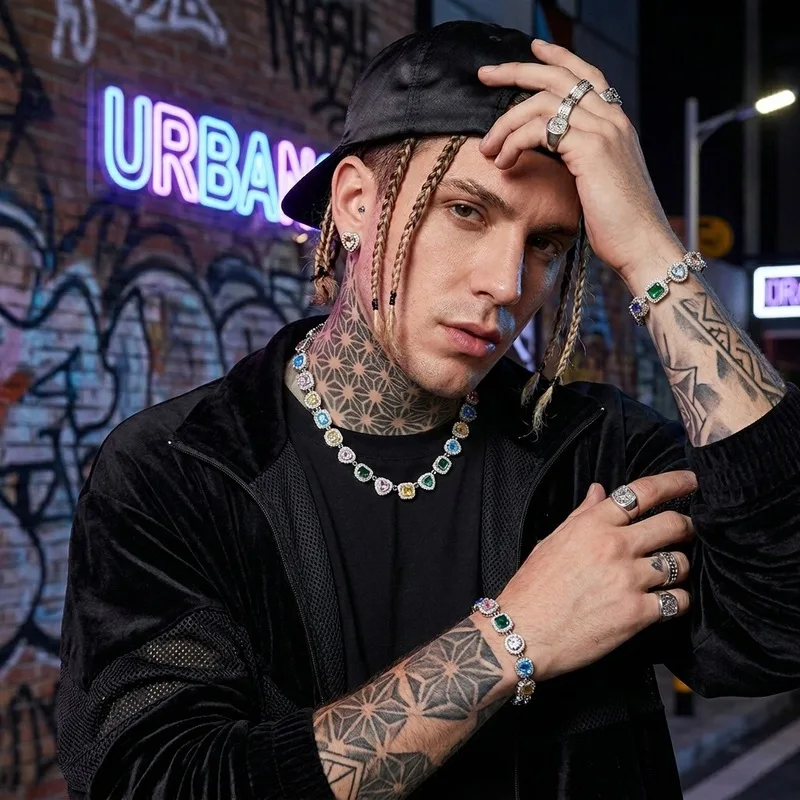 Unique street fashion men multi‑shape colorful gem tennis set adjustable necklace bracelet for rapper daily night matching looks
