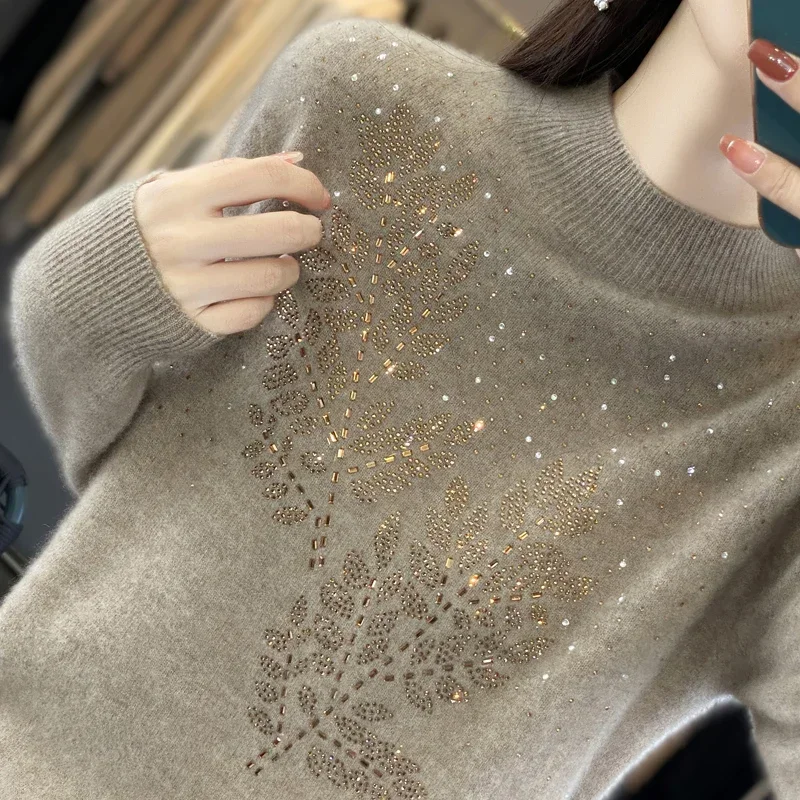 High Collar Wool Sweater Women\'s Rhinestone Loose Pullover Autumn And Winter Chic Long Sleeve Top Knitted Solid Color Turtleneck