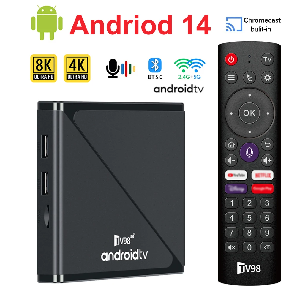 ATV Android 14 TV Box 2024 8K HDR Quad Core 5G Dual Wifi BT5.0 Smart Set Top Box 4K Media Player Support Digital Voice Remote