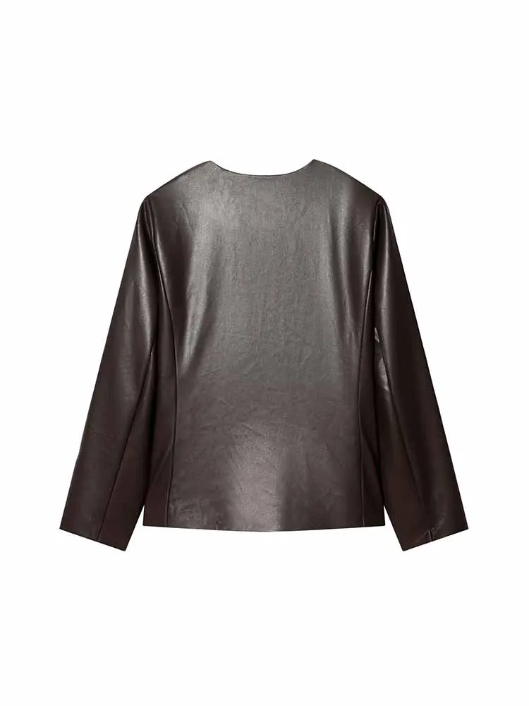 HH nouvelle femme hiver mode col rond manches longues simple boutonnage en cuir artificiel femme décontracté Style de rue manteau