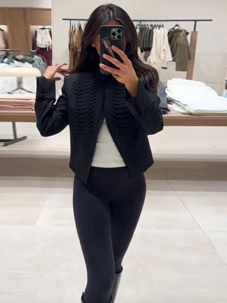 Black Women Jacket Stand Collar Long Sleeve Shoulder Pad Fitting Female Crop Blazer Coat Fashion Lady Office Coat Streetwear