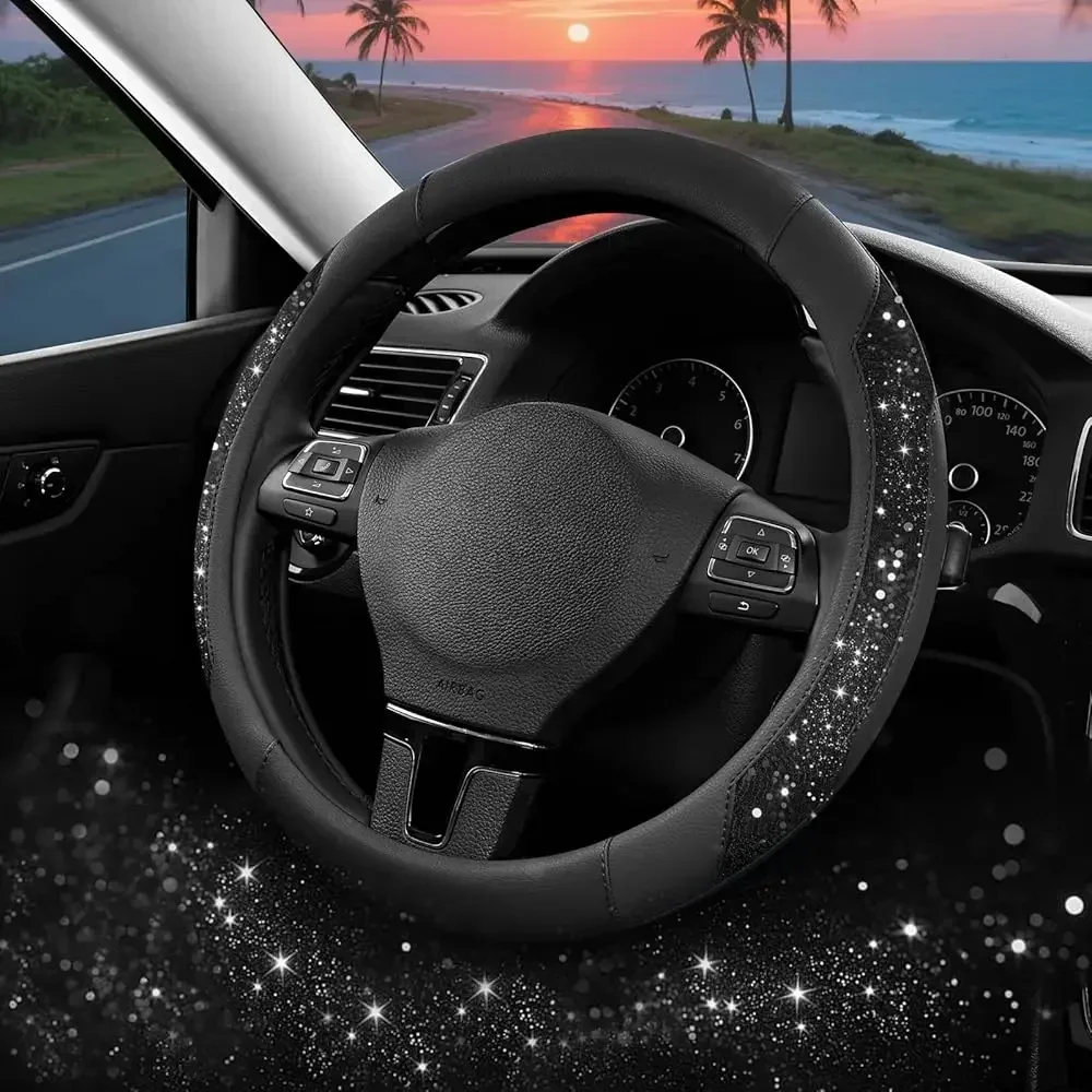 

Steering Wheel Cover, Black Sparkly Crystal Bling Glitter with Leather, Universal Fit 14.5\-15.5\ Car Steering Wheels for Gi