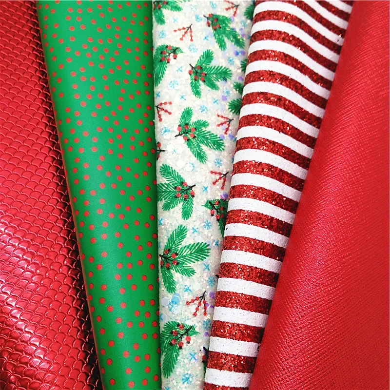 Red White Stripes Glitter Leather Dots Printed Faux Leather Mistletoe Printed Glitter Faux Leather Craft Sheets Mini Rolls W320