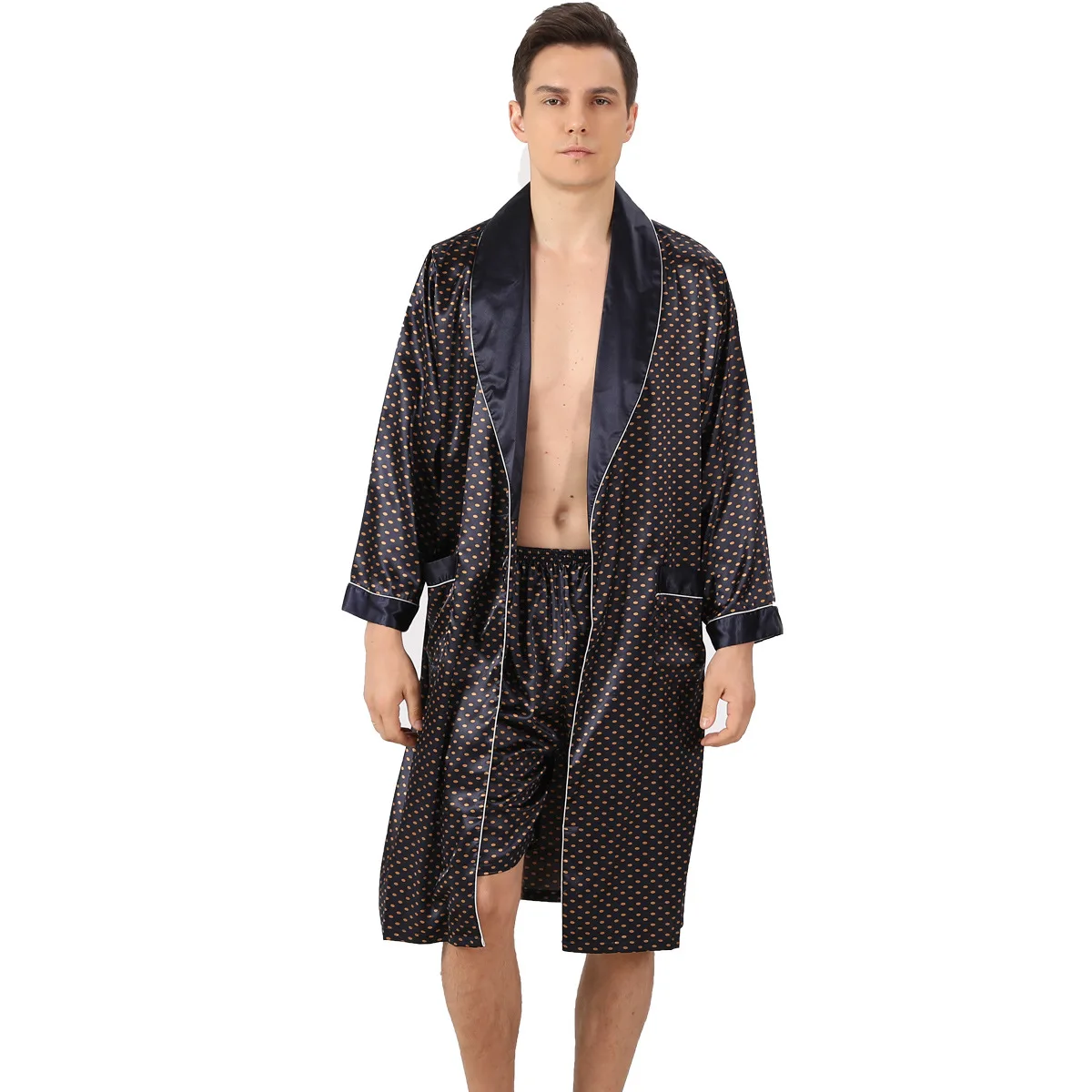 Plus Size 3Xl Kimono Men Home Clothes Satin Long Sleeve Robe Sets for Male Cardigan Bath Robe Bathrobe Gown Mens Robes Sleepwear