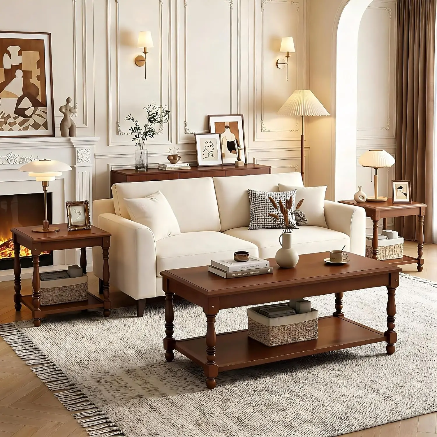

Vintage Solid Wood 3pc Coffee Table Set Center & 2 End Tables 2-Tier Shelf Roman Legs Brown, Customized