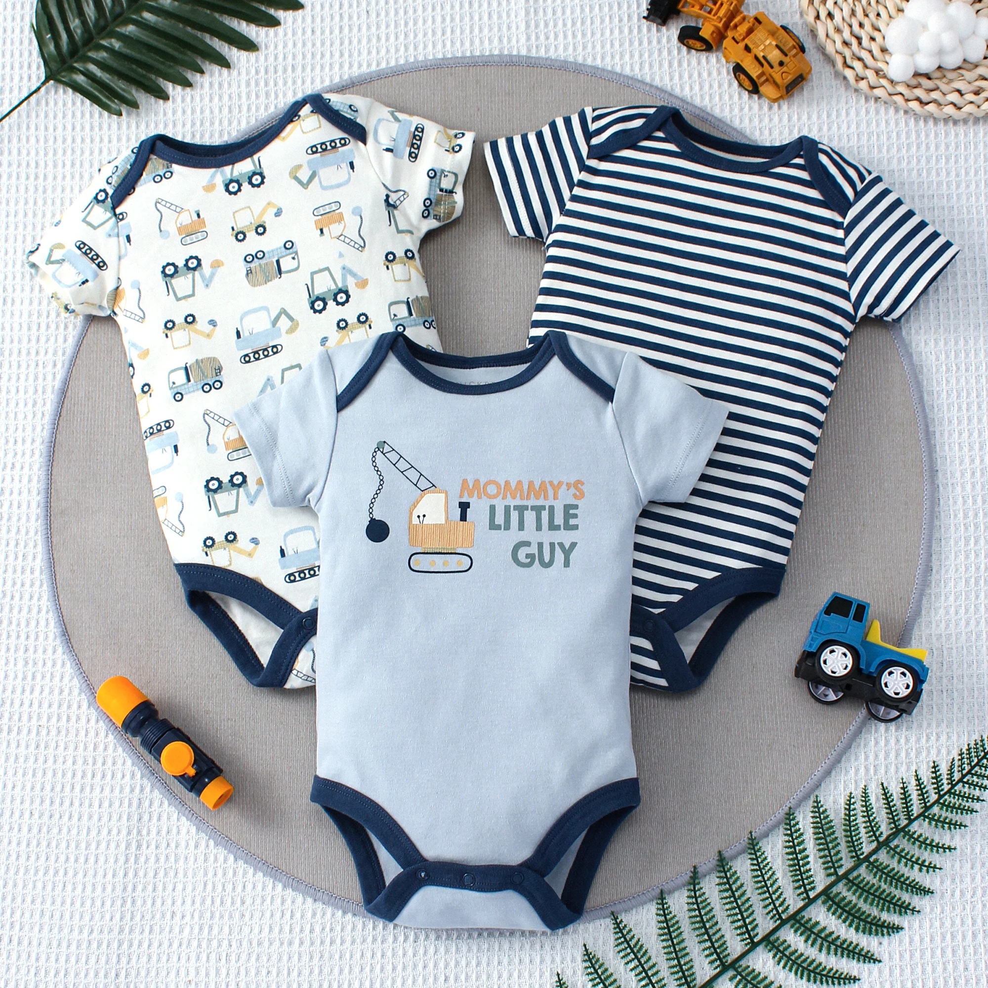 3PCS Summer Boys Three Piece Bodysuit Cartoon Car and Excavator Pattern Button Design Short Sleeve Bodysuit Mother\'s Day Gift