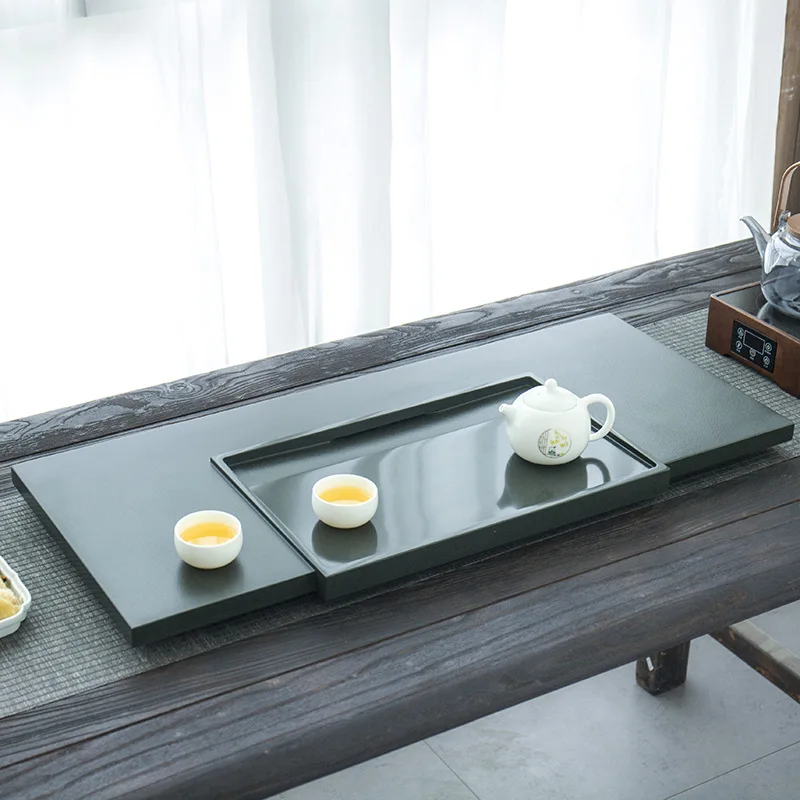 Simple Natural Wujin Stone Tea Tray Green Turquoise Stone Home Use Drainage Tea Stand with Drain Pipe Premium Durable Home Gift