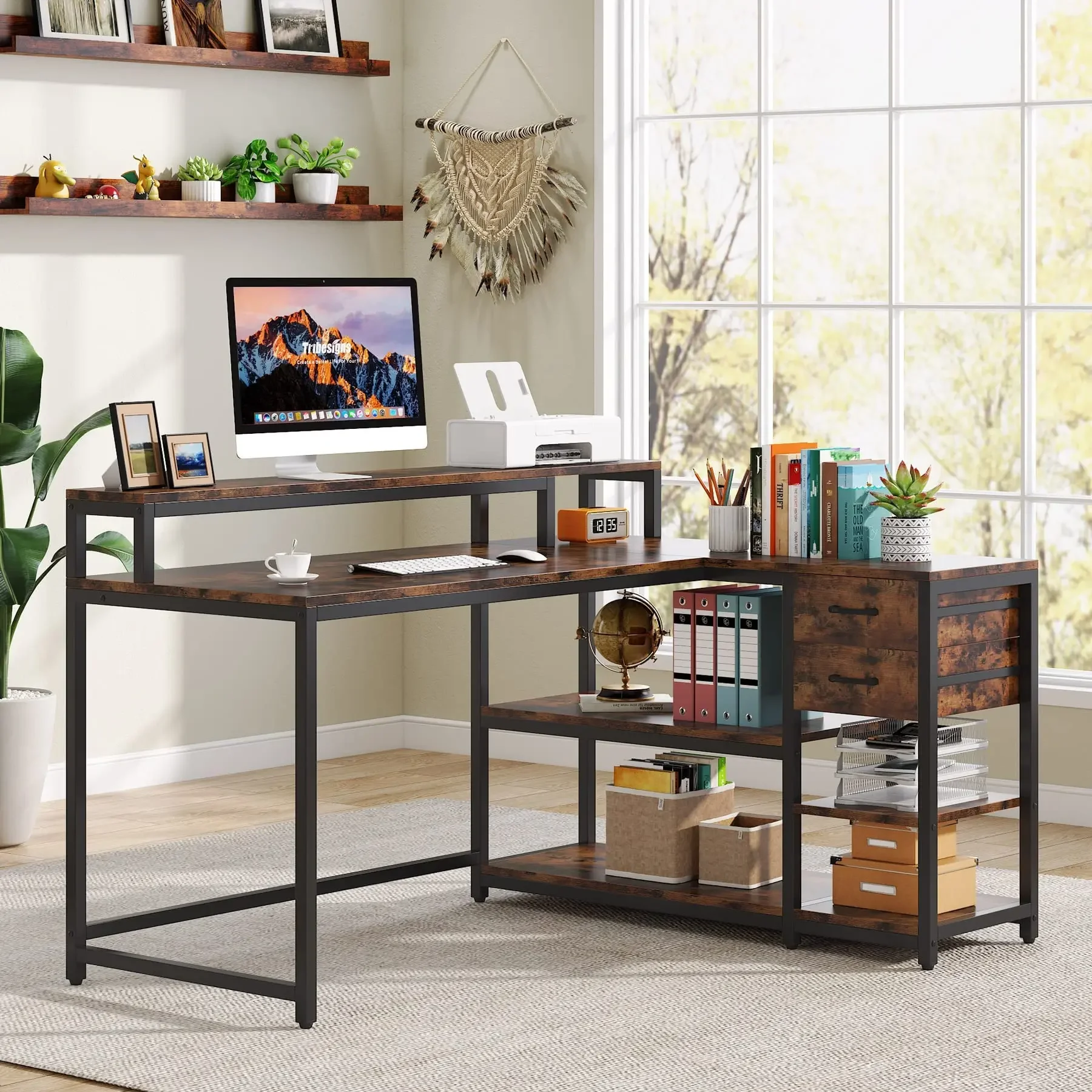 Tribesult-Mesa Reversível em Forma de L com Gaveta, Secretária Canto Industrial, Mesa Home Office com Prateleiras e Suporte Monitor