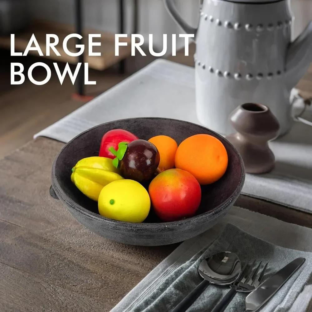 grande ciotola decorativa in resina con accenti ad anello laterale – aspetto terracotta nero laccato bianco, ciotola rustica per la cucina