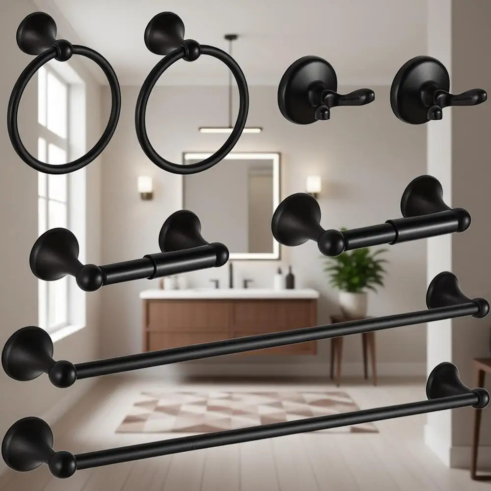 

8-Piece Wall-Mounted Matte Black Bathroom Accessory Set: Towel Bar, Ring, Paper Holder, Hooks