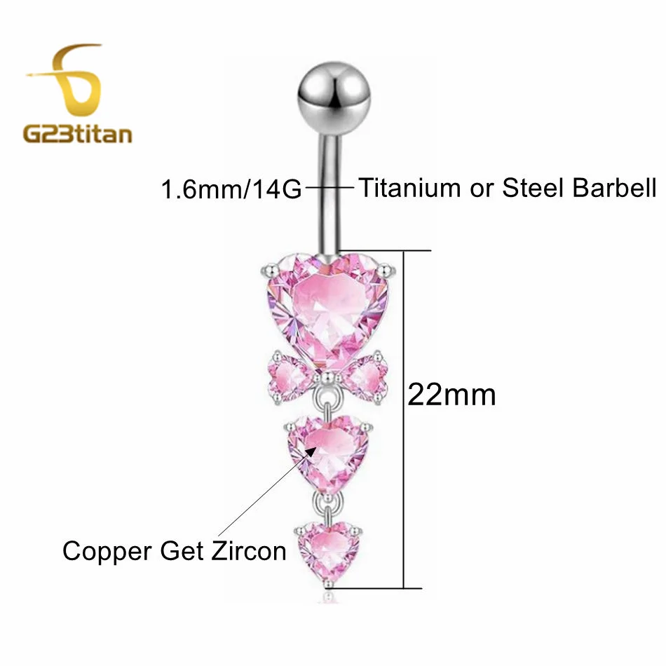 G23Titan Pink Zircon Heart Navel Rings 14G 6-16mm Length Titanium Barbell Belly Button Piercings Ombligo Summer Romantic Jewelry