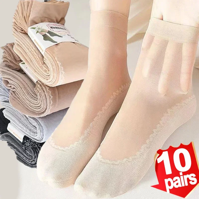 1/10pairs Elastic Lace Socks Women Transparent Ultrathin Mesh Non-Slip Bottom Splice Sock Female Silk Velvet Ankle Short Sox