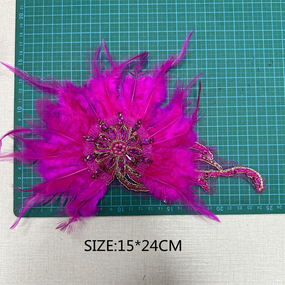 Rhinestone Beaded Patch With Artificial Feathers Garment Accessory Beading Applique