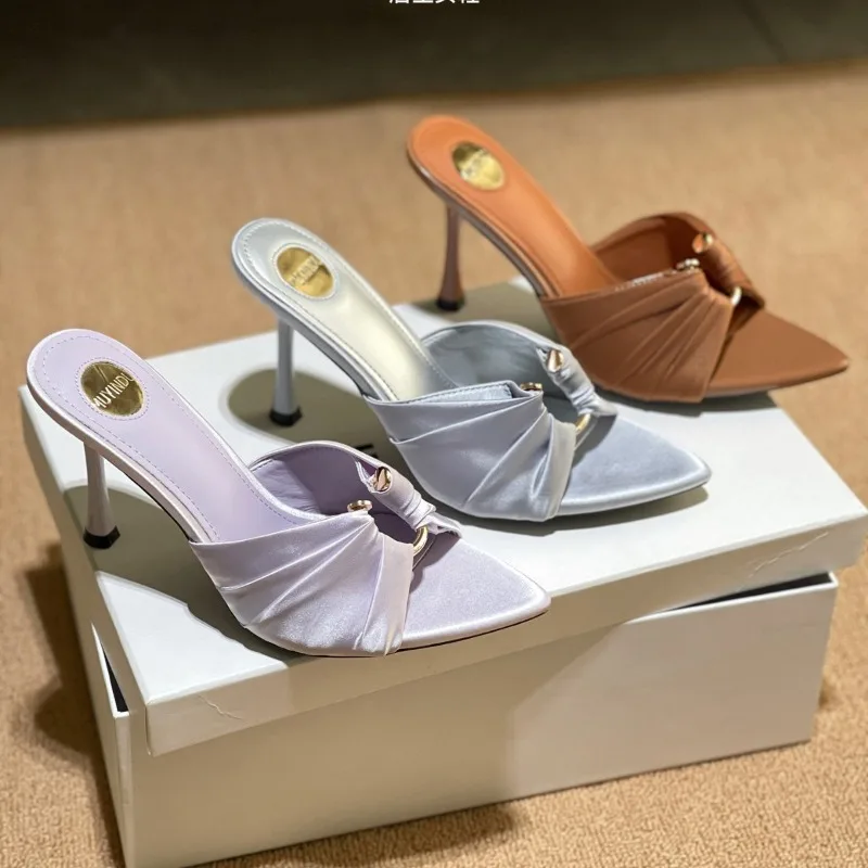 Summer Woman Folded Metal Buckle Slippers Fashion Open Toe Thin High Heels Shoes Street Stripper Party Slides Zapatos De Mujer