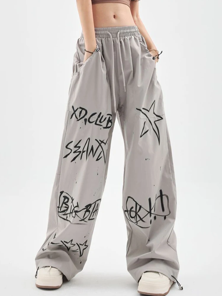 

Jmprs Streetwear Hand Painted Cargo Pants Women Harajuku Retro Design Trousers Hip Hop American Vintage High Waist Lace Up Pants