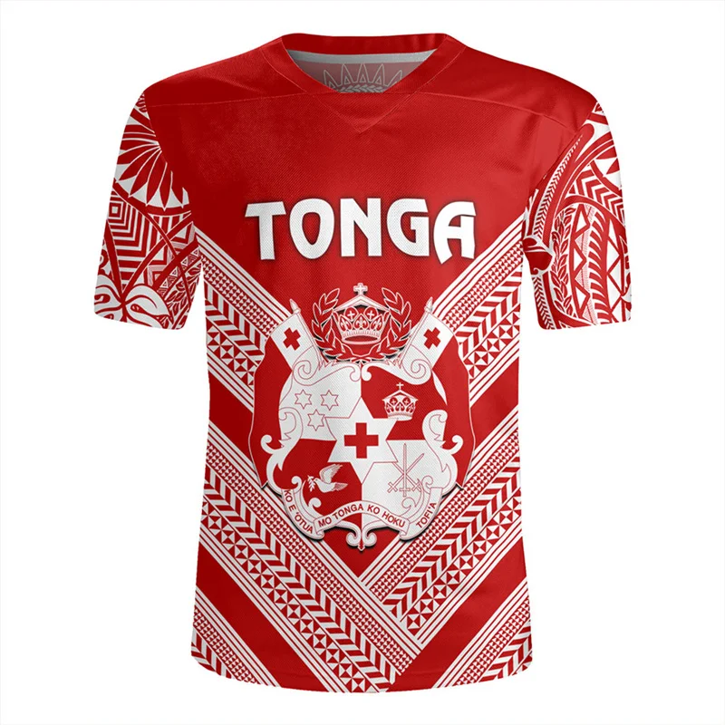 Harajuku 3D Print Tonga Rugby-Jersey V Neck T Shirt The Kingdom Of Tonga Emblem Graphic V neck T-shirts Mens Clothing Tee Shirts