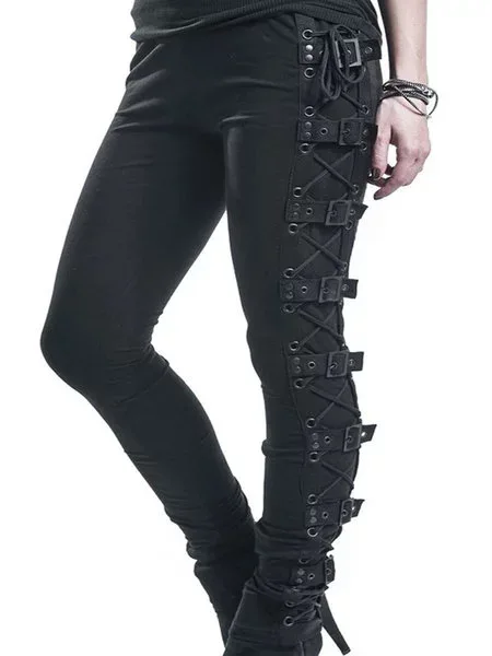 2024 Steampunk Rivet Lace-up Pencil Pants Skinny Trousers Women Retro Pu Pants Leather Pants Streetwear Autumn Casual Trousers