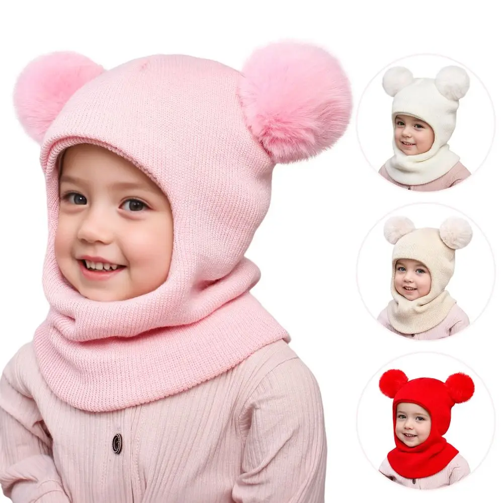 Children Double Balls Ear Protection One-piece Hat Scarf Autumn Winter Balaclava Hats Cute Pompom Ball Boys Girls Wool Cap