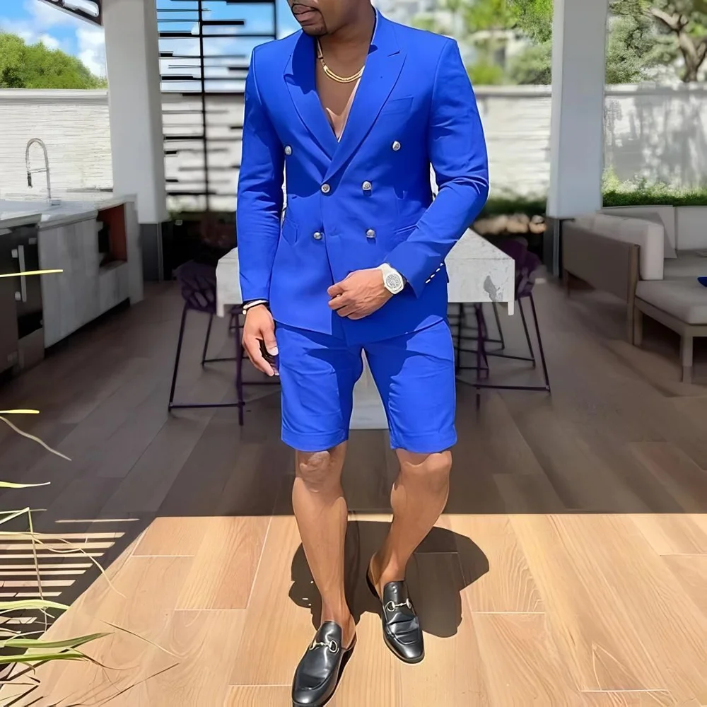 

Королевский синий мужской костюм с пиковыми лацканами, элегантный двубортный повседневный наряд, летние короткие брюки, облегающие клубные вечерние повседневные две части