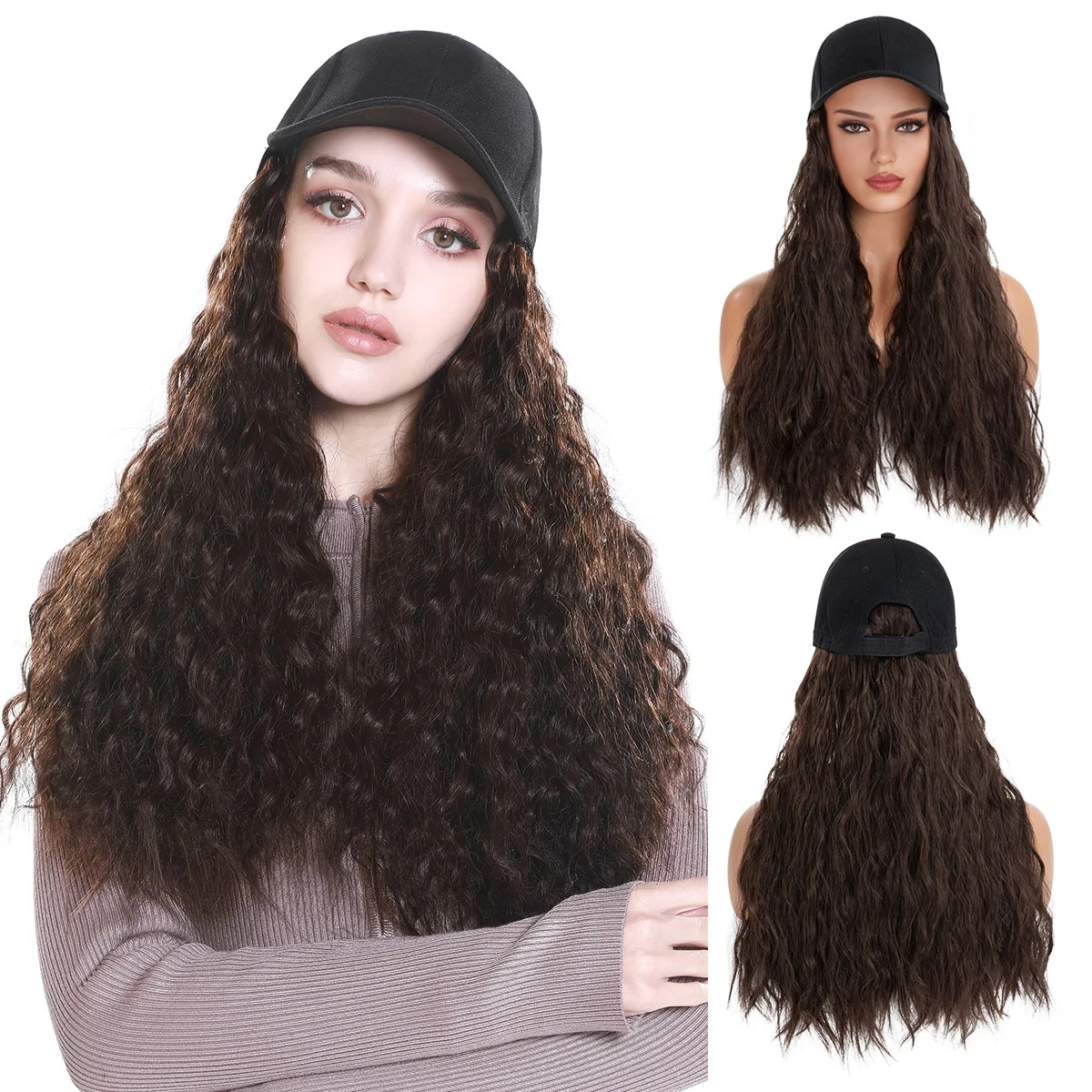 

European and American style hat wig ladies baseball cap corn row synthetic full head wig long curly hair for daily wear