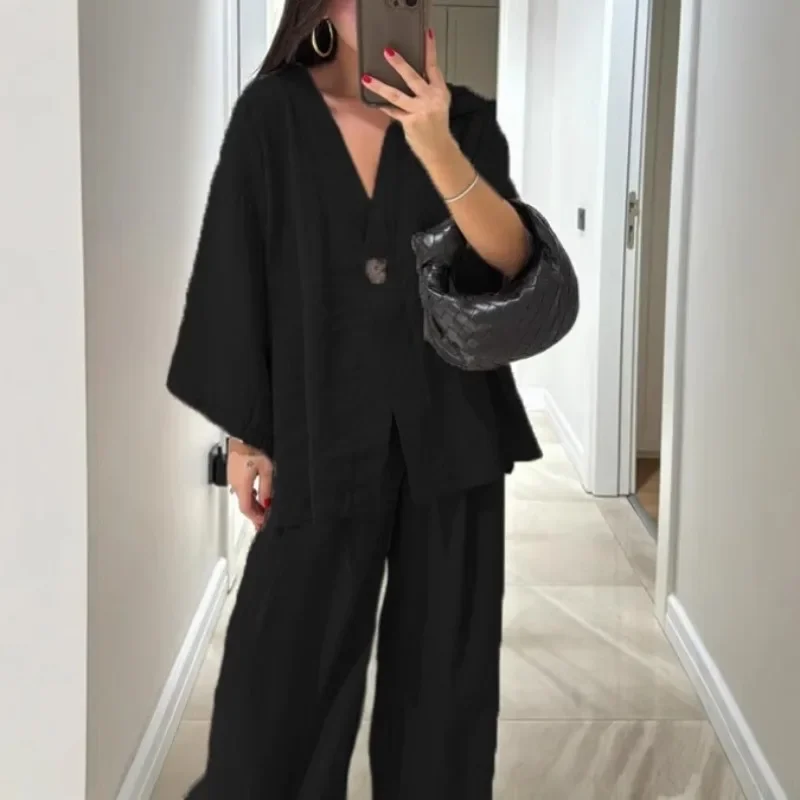 

New Cross-border Fashion Loose Women's V-neck Top and Wide-leg Pants Casual Set From Independent Websites in Europe and America