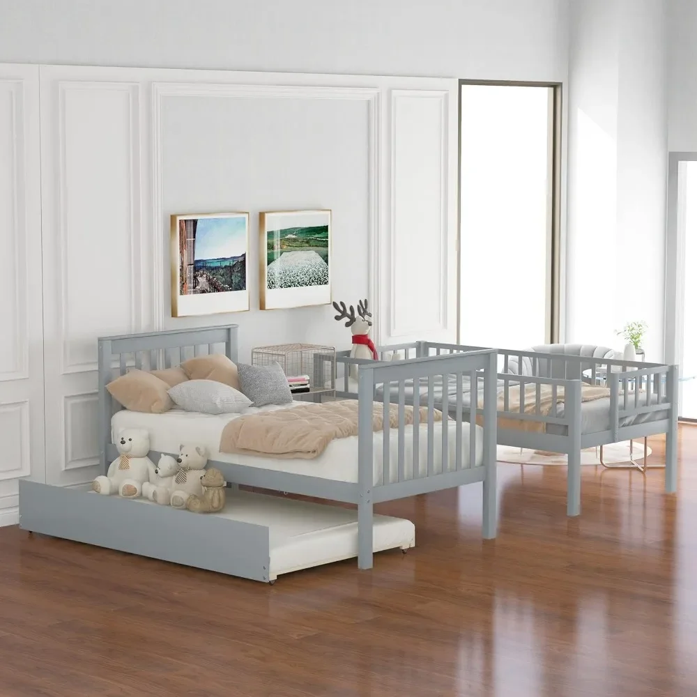 Stapelbedden Twin Over Twin Size, Massief houten stapelbedden met onderschuifbed en trap voor kinderen, peuters, tieners, volwassenen (grijs, stapelbed)